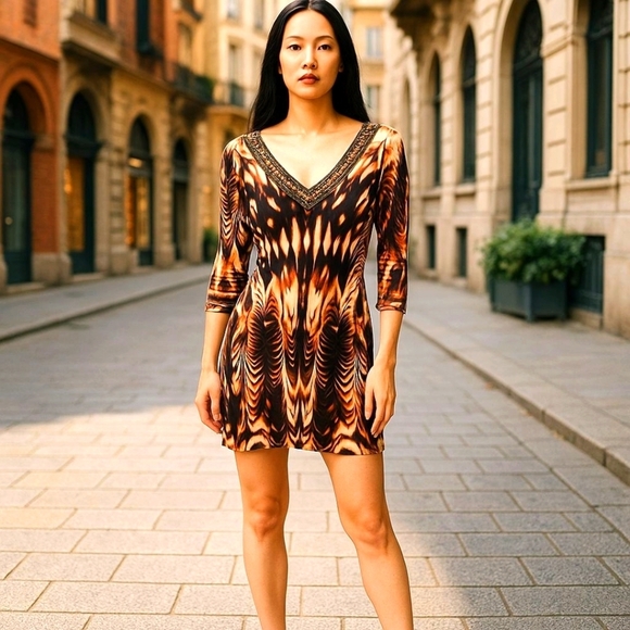 FIT N FLAIR Animal TRIBAL Dress Short STRETCHY embellished Beaded V NECKLINE Med - Picture 1 of 11